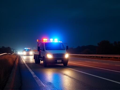 Grúa asistiendo a un vehículo en la carretera por la noche