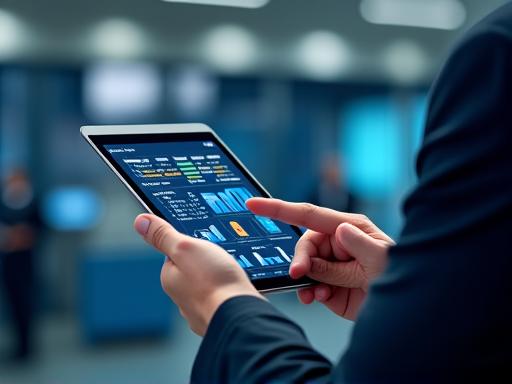 Persona analizando datos de una flota de camiones en una tablet